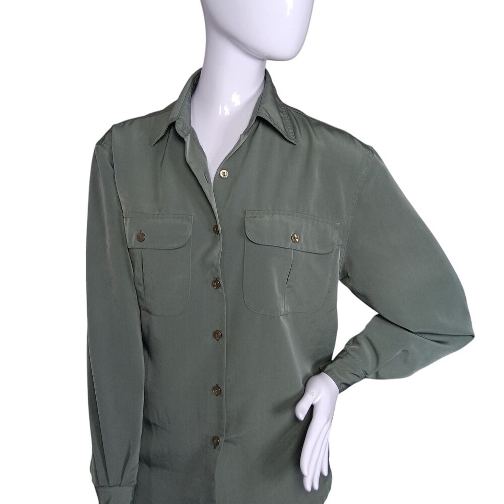 VTG Lisa Josephs Button Down Shirt Size Small Olive Green Collared Long Sleeve
